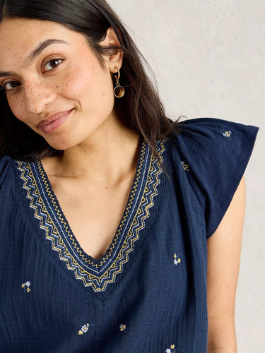 White Stuff Lucie Embroidered Top in Navy