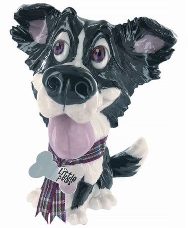 A figurine of a Little Paws Gyp border collie with a plaid tie by Arora Designs.