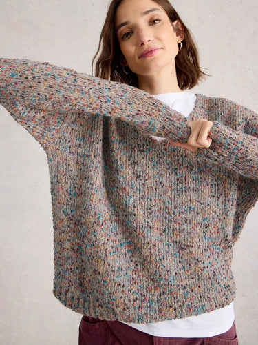 White Stuff Texture V-Neck Jumper in Light Natural