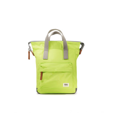 A sustainable Roka Bantry B Small Sustainable Nylon Bag in lime green with grey handles and straps from Roka London Bags.