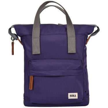 A purple Roka Bantry B Small Sustainable Nylon Bag with a brown handle.