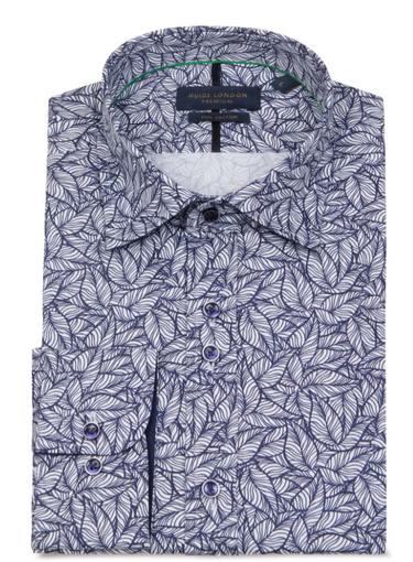 Guide London Sophisticated Navy Leaf Print Men's Long Sleeve Cotton Shirt
