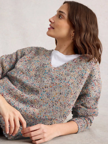 White Stuff Texture V-Neck Jumper in Light Natural
