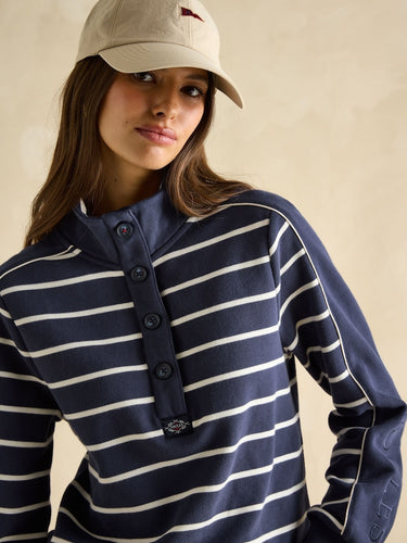 Joules Southwold Button Down Striped Sweatshirt in Navy Blue