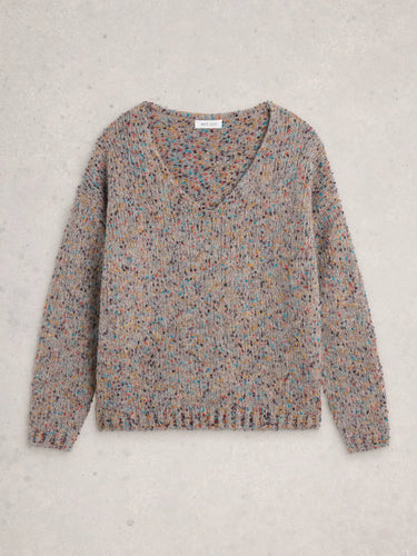 White Stuff Texture V-Neck Jumper in Light Natural