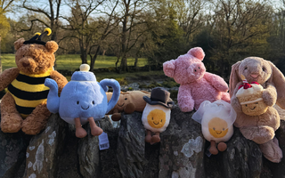 Jellycat soft toys sat on wall with trees in the background
