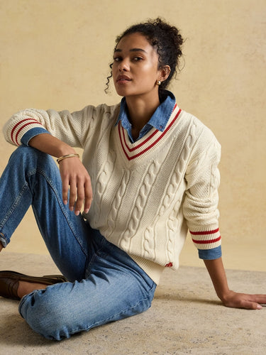 Joules Dibbly Cotton Cable Knit Cricket Jumper in Cream