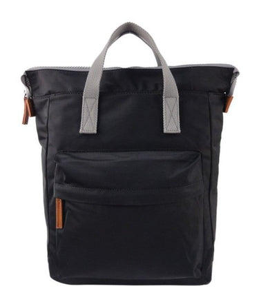 A black Roka Bantry B Small Sustainable Nylon Bag with a grey handle by Roka London Bags.