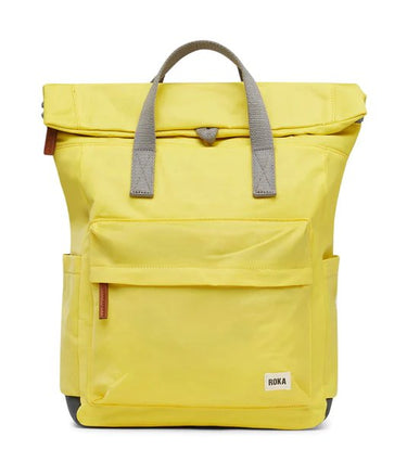 A yellow Roka London Bags Canfield B Backpack (Nylon) - Small with grey handles and straps.