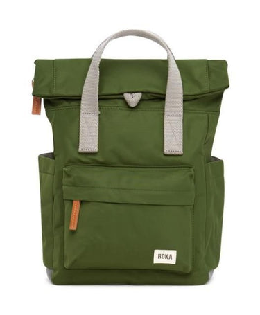 A weather-resistant Roka Canfield B Backpack (Nylon) - Small in green with grey handles and straps by Roka London Bags.