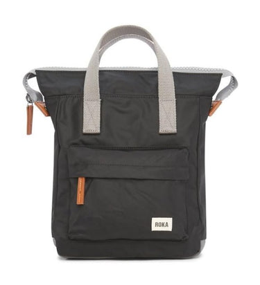 A weather-resistant Roka Canfield B Backpack (Nylon) - Small with a white Roka London Bags logo.