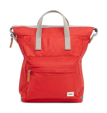A red Roka London Bags Canfield B Backpack (Nylon) - Small with grey straps and handles.
