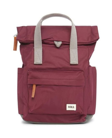 A **Roka London Bags Canfield B Backpack** in burgundy and grey.