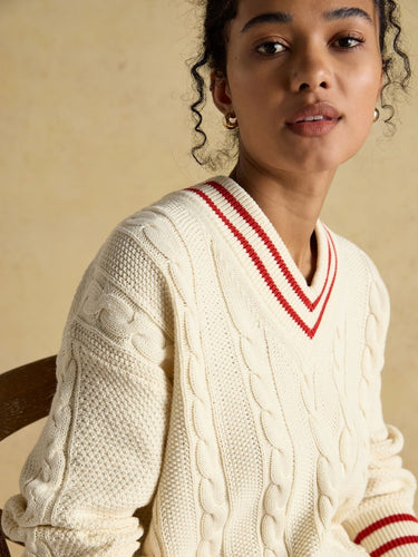 Joules Dibbly Cotton Cable Knit Cricket Jumper in Cream