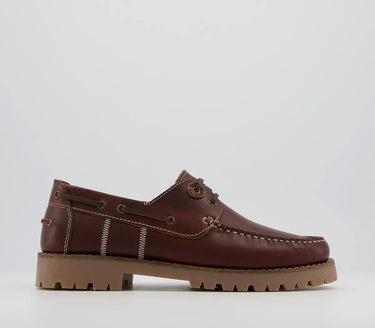 A Barbour Stern Boat Shoes in Mahogany with lacing details on a white background.