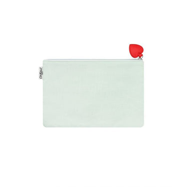 A small green Cath Kidston Alphabet Pouch with a red heart on it.