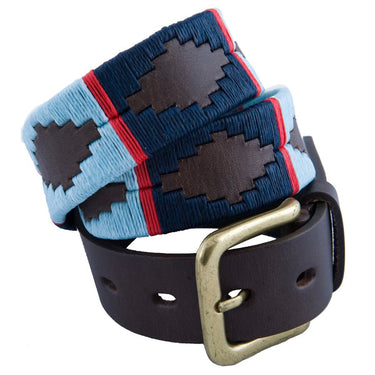 Pioneros Genuine Argentinian Leather Polo Belt in Navy, Pale Blue & Red Stripe