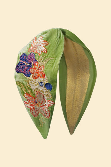 Powder Velvet Embroidered Headband - Cockatoo in Sage