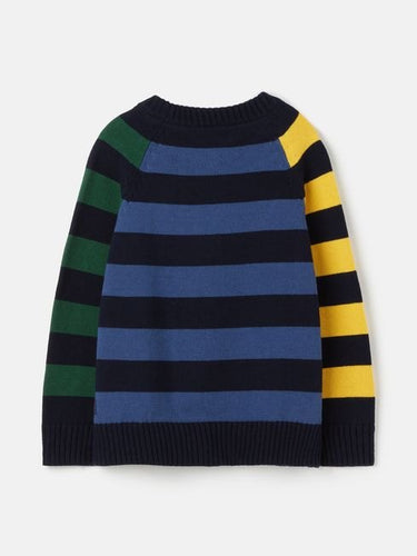 A child's striped sweater in navy, green, yellow and blue, reminiscent of Hogwarts - Joules™ Red Harry Potter™ Striped Jumper.