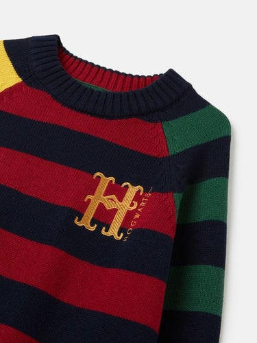 A Joules Hogwarts™ Red Harry Potter™ Striped Jumper with a logo on it.