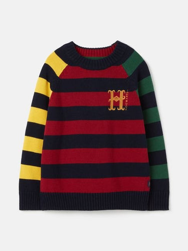 A Hogwarts™ Red Harry Potter™ Striped Jumper with the letter h on it, reminiscent of Hogwarts attire by Joules.
