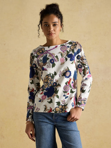 Joules Harbour Cream Bird Floral Neck Printed Top