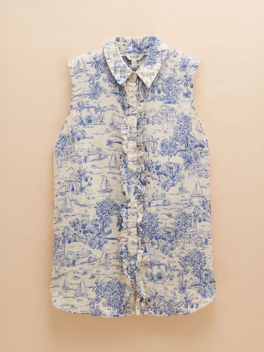 Joules Selene Linen Sleeveless Shirt in Blue & White