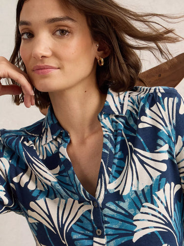 White Stuff Annie Mid Sleeve Jersey Shirt in Blue Print