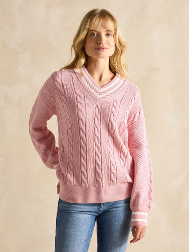Joules Dibbly Cotton Cable Knit Cricket Jumper in Pink