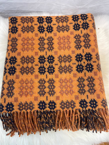 Original Welsh Tapestry throw Blanket in Orange Jaspe