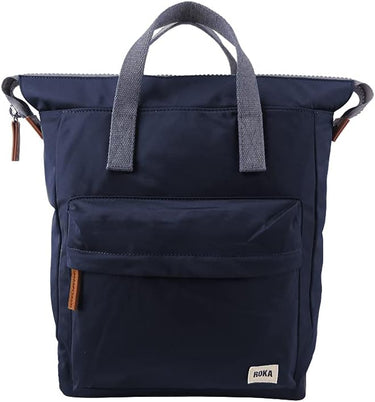 A sustainable Roka Bantry B Small Sustainable Nylon Bag in blue with grey handles and straps.