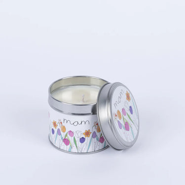 Belly Button Welsh Mam Candle in tin wrapped with Mam and Flowers