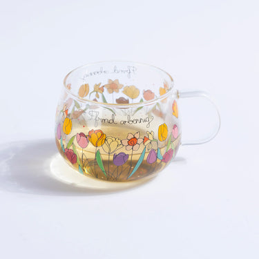 Belly Button Welsh Glass Mug with Wrapped Design of Ffrind Arbenning and flowers