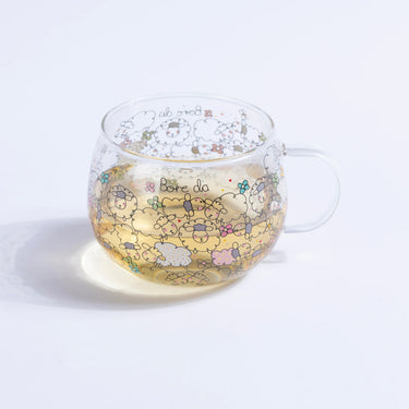 Belly Button Welsh Glass Mug with wrapped design of Bore Da and sheep
