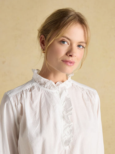 Joules Melanie White Cotton Ruffle Blouse in White