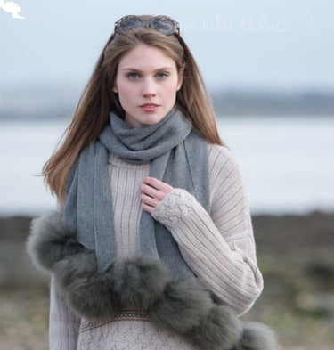 Alpaca Fur Pom Pom Wrap-35cm x 180cm-Steel