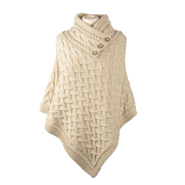 Aran Cable Knit Button Neck Shawl Poncho