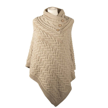 Aran Cable Knit Button Neck Shawl Poncho