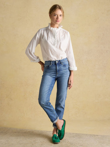 Joules Melanie White Cotton Ruffle Blouse in White