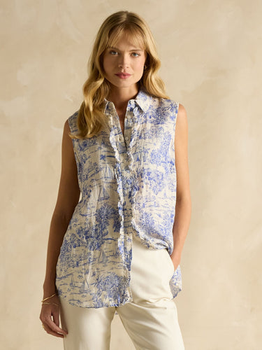 Joules Selene Linen Sleeveless Shirt in Blue & White