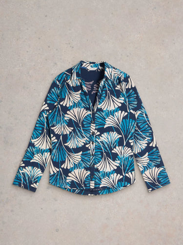 White Stuff Annie Mid Sleeve Jersey Shirt in Blue Print