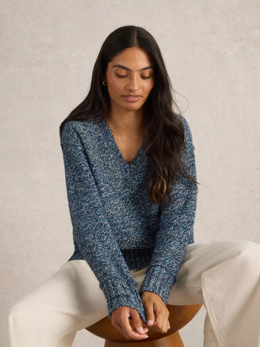 White Stuff Tammy Textured V Neck Jumper in Dark Navy