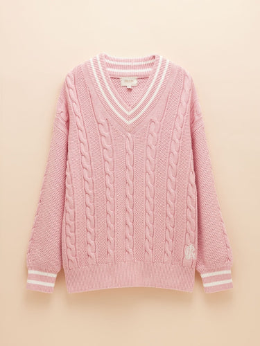 Joules Dibbly Cotton Cable Knit Cricket Jumper in Pink