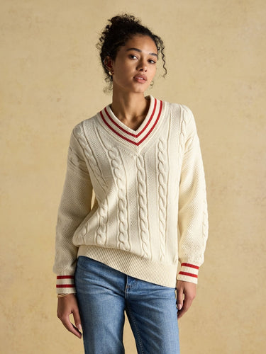 Joules Dibbly Cotton Cable Knit Cricket Jumper in Cream