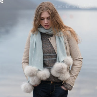 Frosted Alpaca Fur Pom Pom Wrap-35cm x 180cm Duck Egg