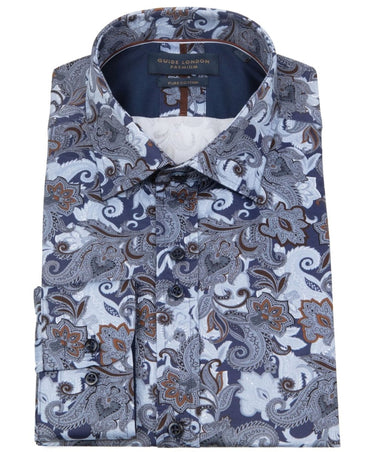 Guide London Long Sleeve Cotton Shirt - Blue and Brown Paisley